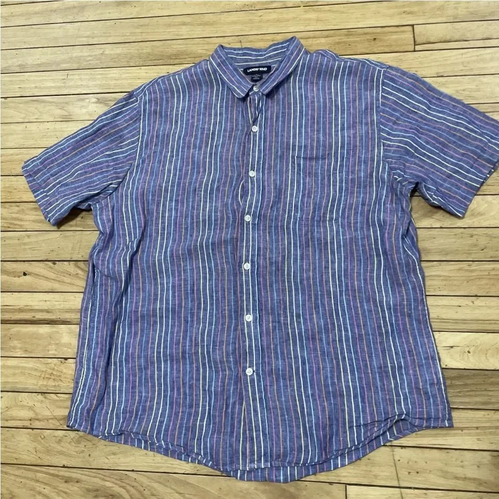 LANDS' END Linen Button Shirt Men L Traditional Fit Blue Vertical Stripe Rainbow